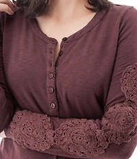 Aventura Crystal Henley Crochet Jersey Knit Scoop Neck Top