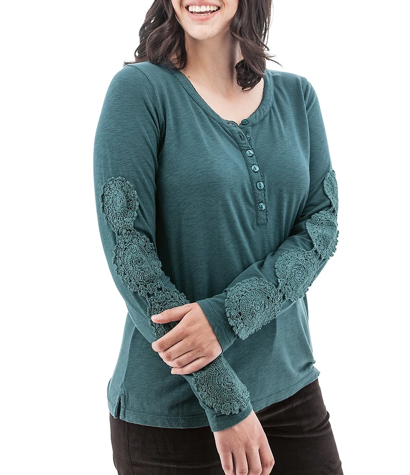 Aventura Crystal Henley Crochet Jersey Knit Scoop Neck Top