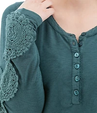 Aventura Crystal Henley Crochet Jersey Knit Scoop Neck Top