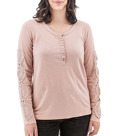 Aventura Crystal Henley Crochet Jersey Knit Scoop Neck Top