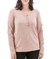 Aventura Crystal Henley Crochet Jersey Knit Scoop Neck Top