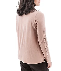 Aventura Crystal Henley Crochet Jersey Knit Scoop Neck Top