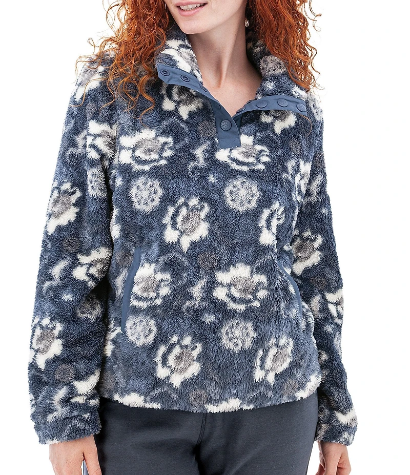 Aventura Equinox Allover Print Pile Fleece Stand Collar Snap Front Pullover