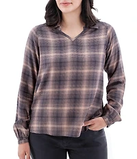 Aventura Eve Plaid Woven Collar Long Sleeve Popover Top