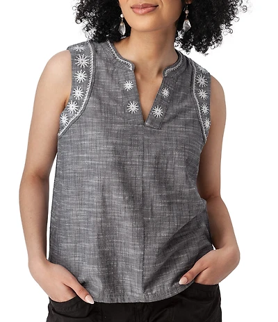 Aventura Festival Organic Cotton Split V-Neck Embroidered Tank Top