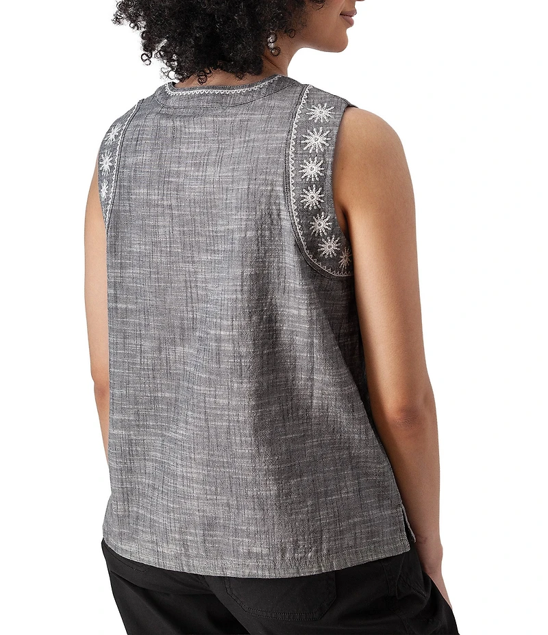 Aventura Festival Organic Cotton Split V-Neck Embroidered Tank Top