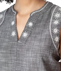 Aventura Festival Organic Cotton Split V-Neck Embroidered Tank Top