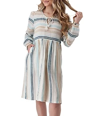 Aventura Good Vibes Organic Cotton Blend Woven Tie Neck Long Sleeve Shift Dress