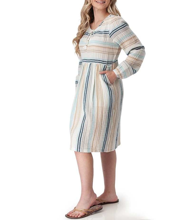 Aventura Good Vibes Organic Cotton Blend Woven Tie Neck Long Sleeve Shift Dress