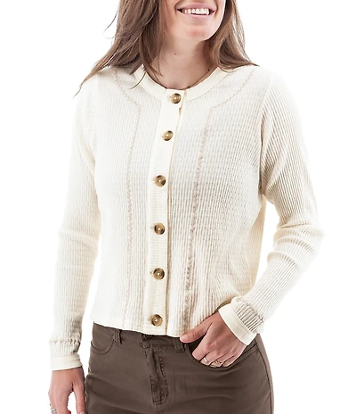 Aventura Iclyn Organic Cotton Crew Neck Long Sleeve Embroidered Button Front Cardigan Top