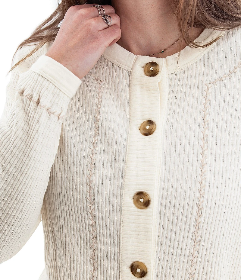 Aventura Iclyn Organic Cotton Crew Neck Long Sleeve Embroidered Button Front Cardigan Top
