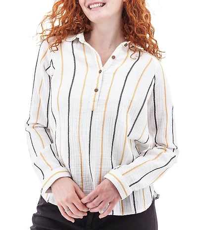 Aventura Kelford Woven Organic Cotton Stripe Print Point Collar Long Raglan Sleeve Popover Top