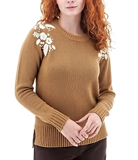 Aventura Lindley Merino Wool Blend Embroidered Ribbed Neck Long Sleeve Sweater