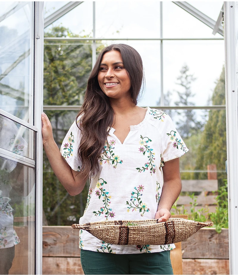 Aventura Lorena Organic Cotton Floral Embroidery Split V-Neck Raglan Sleeves Mini Ruched Woven Top