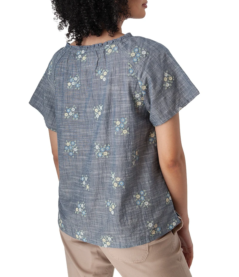 Aventura Mariposa Organic Cotton Floral Embroidered Split Neck Short Sleeve Top