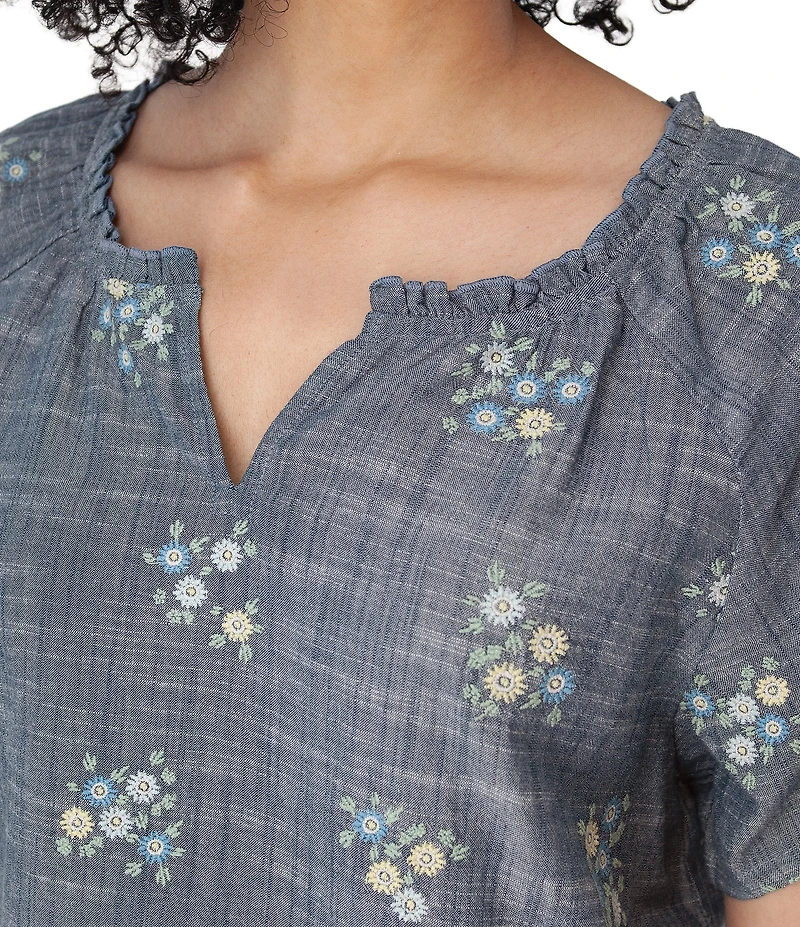 Aventura Mariposa Organic Cotton Floral Embroidered Split Neck Short Sleeve Top