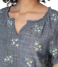 Aventura Mariposa Organic Cotton Floral Embroidered Split Neck Short Sleeve Top