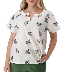 Aventura Mariposa Organic Cotton Floral Embroidered Split Neck Short Sleeve Top