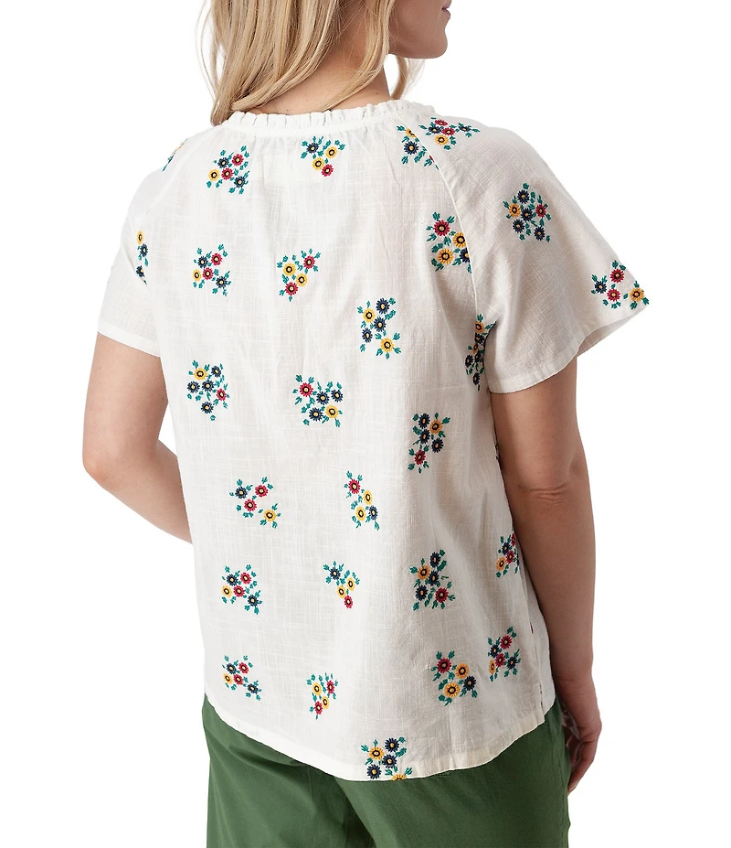 Aventura Mariposa Organic Cotton Floral Embroidered Split Neck Short Sleeve Top