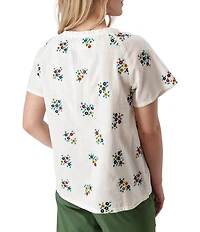 Aventura Mariposa Organic Cotton Floral Embroidered Split Neck Short Sleeve Top