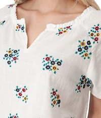 Aventura Mariposa Organic Cotton Floral Embroidered Split Neck Short Sleeve Top