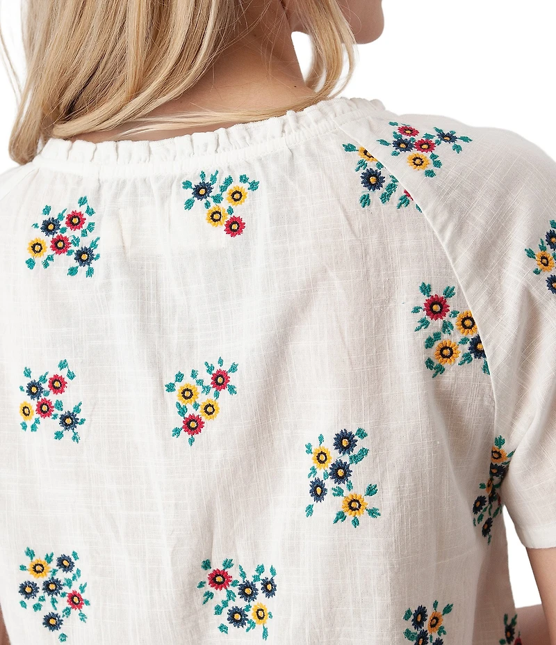 Aventura Mariposa Organic Cotton Floral Embroidered Split Neck Short Sleeve Top