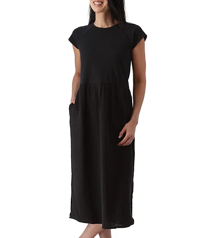 Aventura Midsummer Organic Cotton Blend Mixed Media Crew Neck Raglan Sleeve A-Line Midi Dress