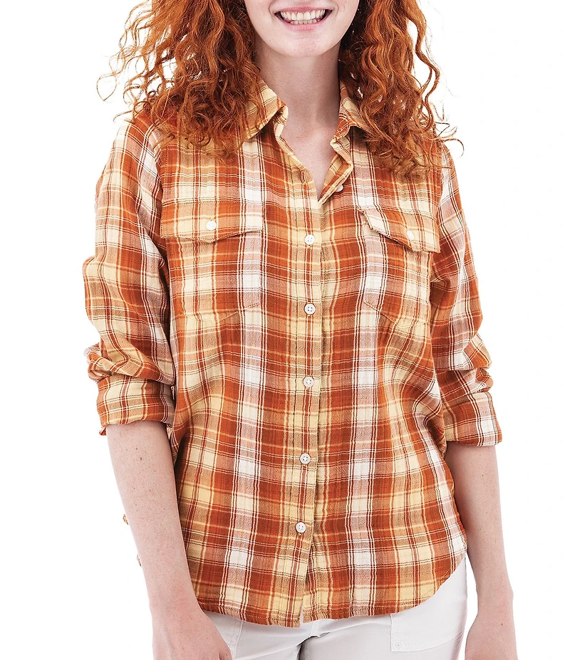 Aventura Montrose Plaid Gauze Collared Neckline 3/4 Roll Tab Sleeve Top