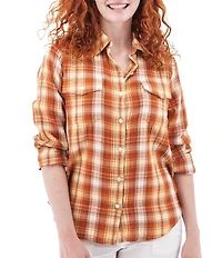 Aventura Montrose Plaid Gauze Collared Neckline 3/4 Roll Tab Sleeve Top