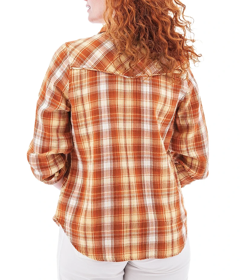 Aventura Montrose Plaid Gauze Collared Neckline 3/4 Roll Tab Sleeve Top