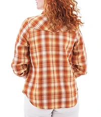 Aventura Montrose Plaid Gauze Collared Neckline 3/4 Roll Tab Sleeve Top