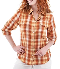 Aventura Montrose Plaid Gauze Collared Neckline 3/4 Roll Tab Sleeve Top