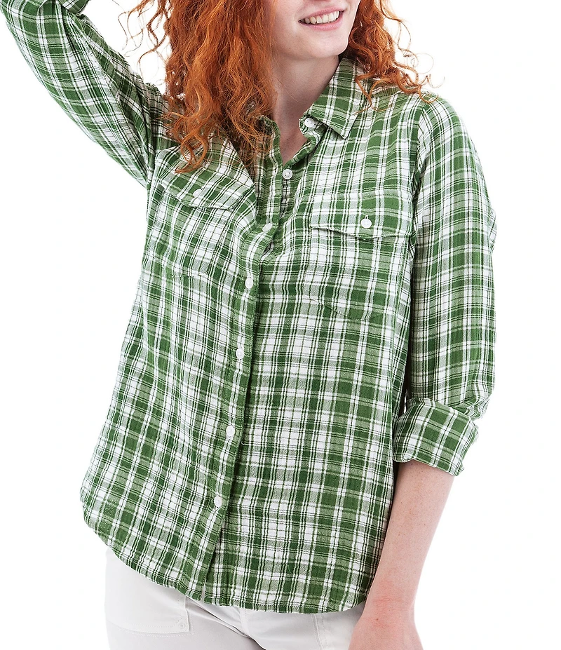 Aventura Montrose Plaid Gauze Collared Neckline 3/4 Roll Tab Sleeve Top