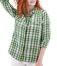 Aventura Montrose Plaid Gauze Collared Neckline 3/4 Roll Tab Sleeve Top