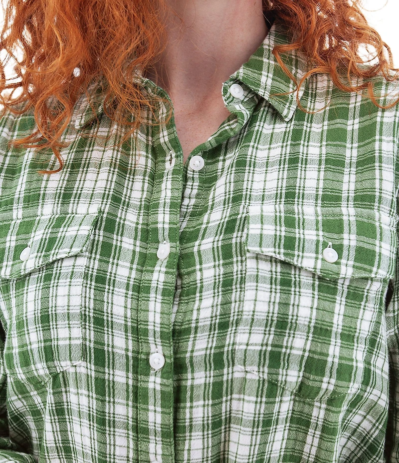 Aventura Montrose Plaid Gauze Collared Neckline 3/4 Roll Tab Sleeve Top