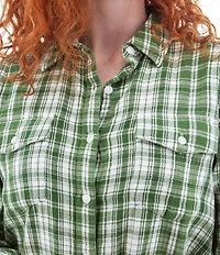 Aventura Montrose Plaid Gauze Collared Neckline 3/4 Roll Tab Sleeve Top
