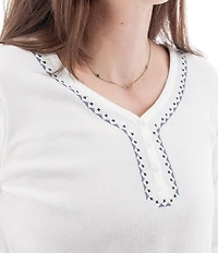 Aventura Nevis Organic Cotton Blend Henley Embroidered V-Neck Rib Knit Top