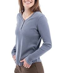Aventura Nevis Organic Cotton Blend Henley Embroidered V-Neck Rib Knit Top