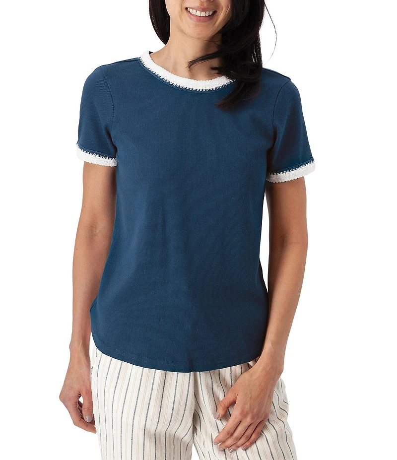 Aventura Solana Rib Knit Crochet Trim Scoop Neck Short Sleeve Tee