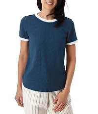 Aventura Solana Rib Knit Crochet Trim Scoop Neck Short Sleeve Tee