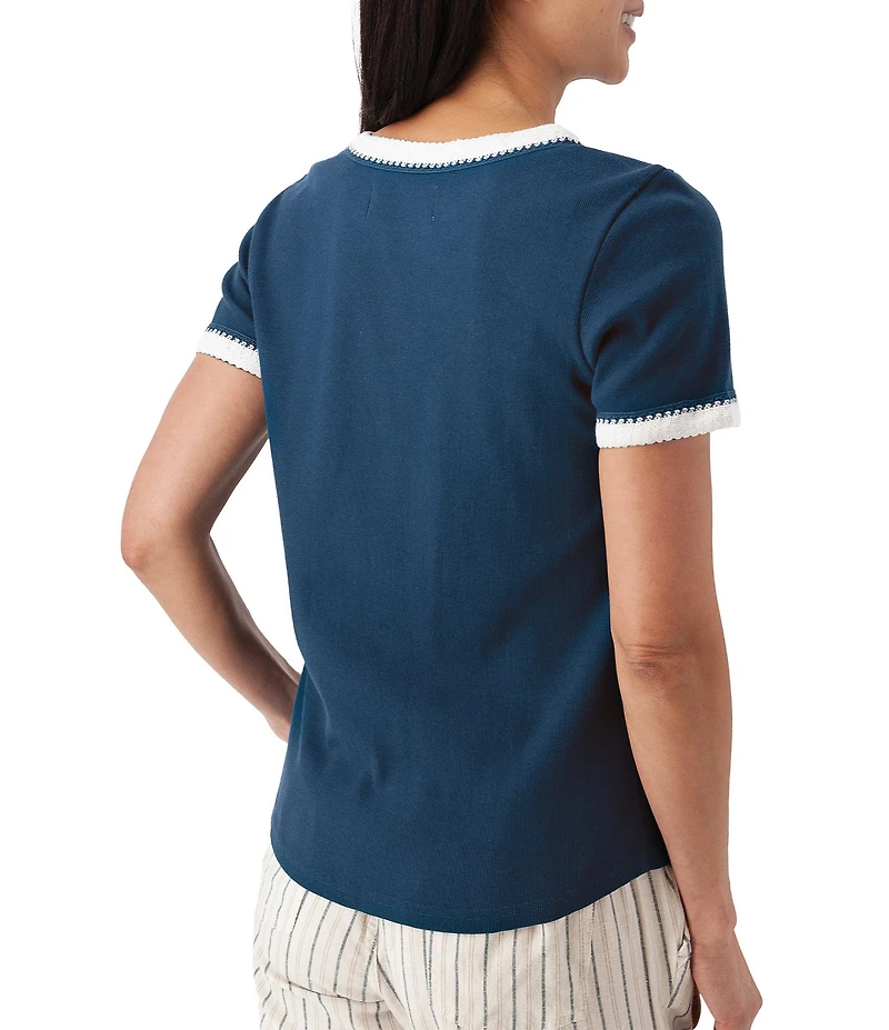 Aventura Solana Rib Knit Crochet Trim Scoop Neck Short Sleeve Tee