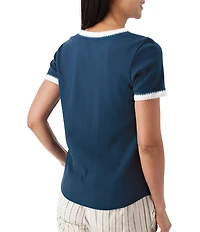 Aventura Solana Rib Knit Crochet Trim Scoop Neck Short Sleeve Tee