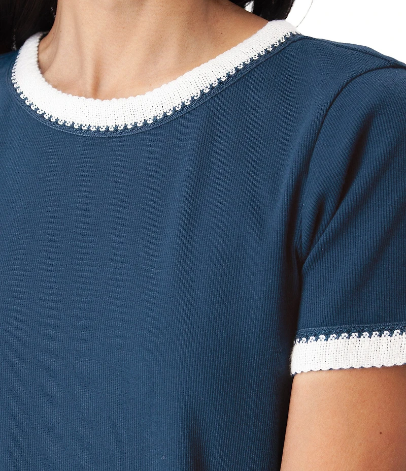 Aventura Solana Rib Knit Crochet Trim Scoop Neck Short Sleeve Tee