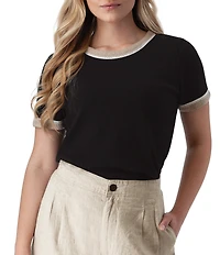 Aventura Solana Rib Knit Crochet Trim Scoop Neck Short Sleeve Tee
