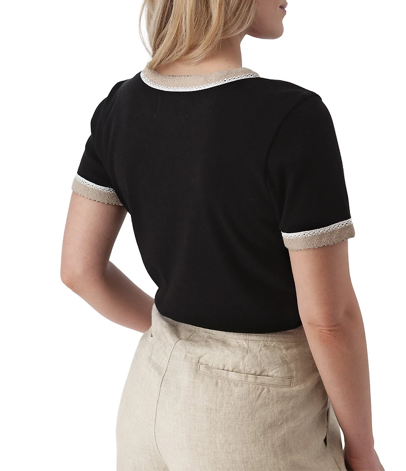 Aventura Solana Rib Knit Crochet Trim Scoop Neck Short Sleeve Tee