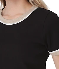 Aventura Solana Rib Knit Crochet Trim Scoop Neck Short Sleeve Tee