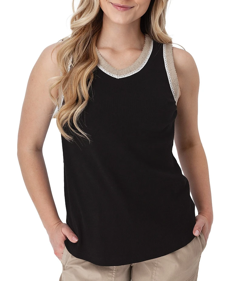 Aventura Solana Rib Knit Crochet Trim V-Neck Sleeveless Tank