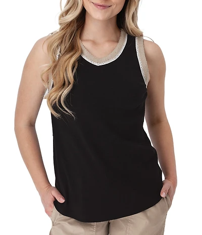 Aventura Solana Rib Knit Crochet Trim V-Neck Sleeveless Tank