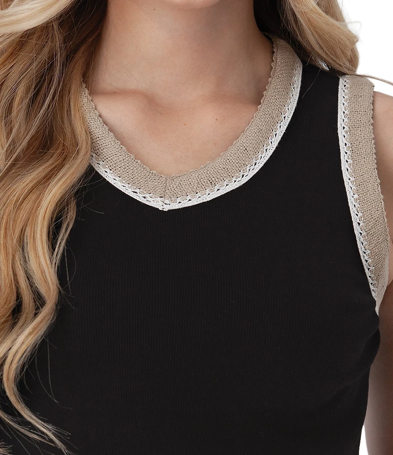 Aventura Solana Rib Knit Crochet Trim V-Neck Sleeveless Tank