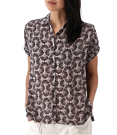 Aventura Sorrento Printed Coordinating Point Collar Dolman Sleeves Button Front Top